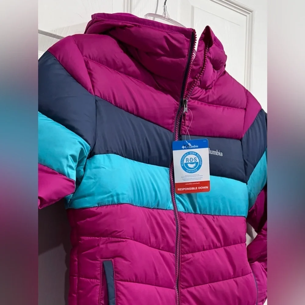 Columbia Girl's Large Tumble Rock Down Hooded Jacket NWT Pink Blue Puffer Ski